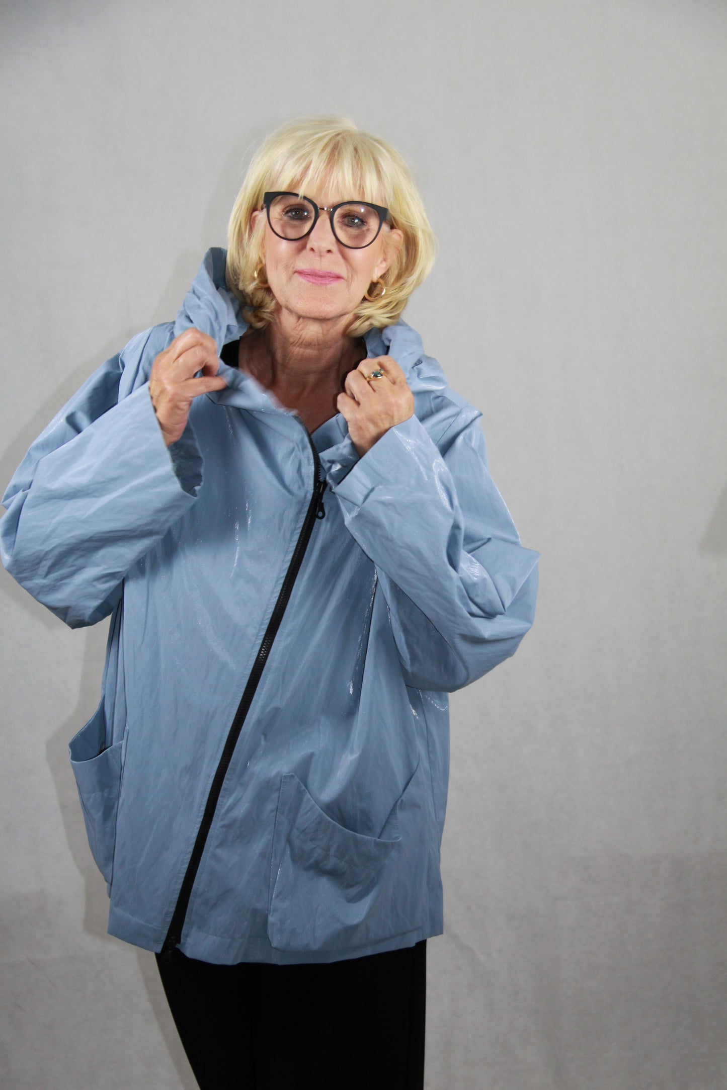Hopsack Jacke Jeansblau mit asymmetrischem 2-Wege-Reißverschluss und großen Seitentaschen