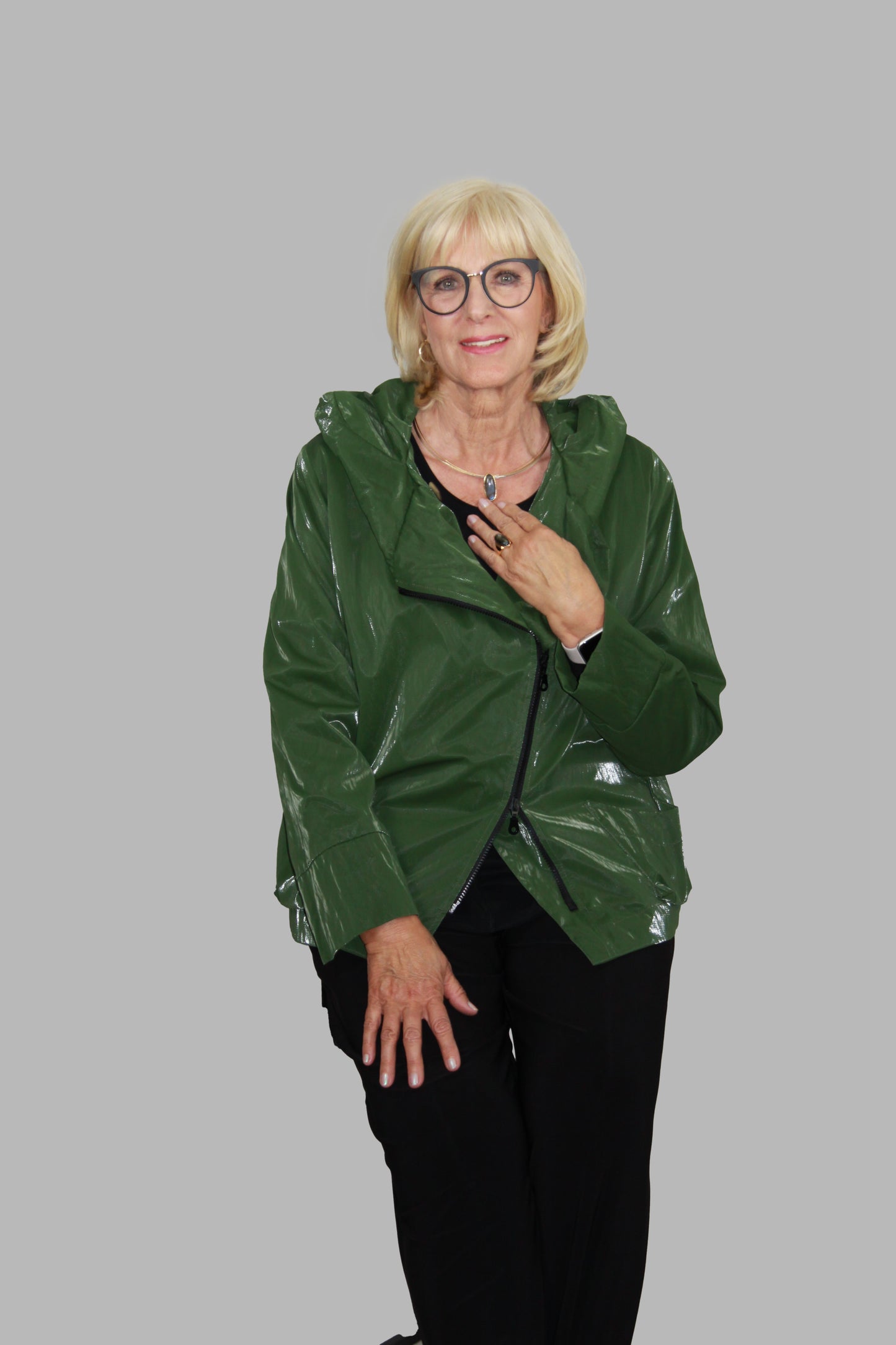 Hopsack Jacke klein in Forestgrün mit asymmetrischer-Reißverschluss