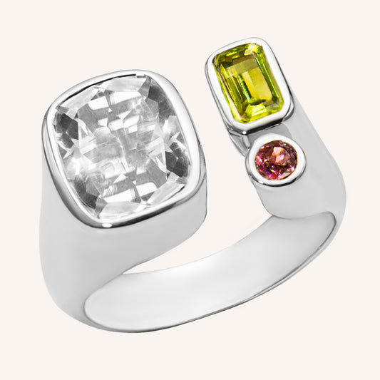Ring aus Sterling Silber 925 mit Bergkristall im Kissen-Schliff, gelben Peridot im Oktagon-Schliff und einem Pink Turmalin.