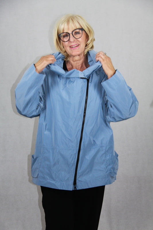 Hopsack Jacke in Himmelblau mit asymmetrischem Reißverschluss und Seitentaschen