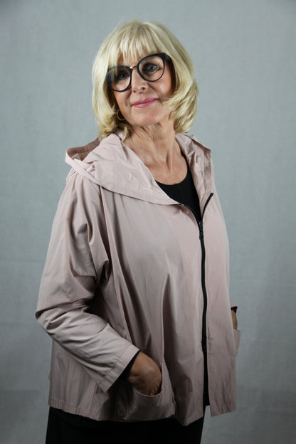 Hopsack Jacke mit Seitentaschen, asymmetrischen Reißverschluss und Kapuze