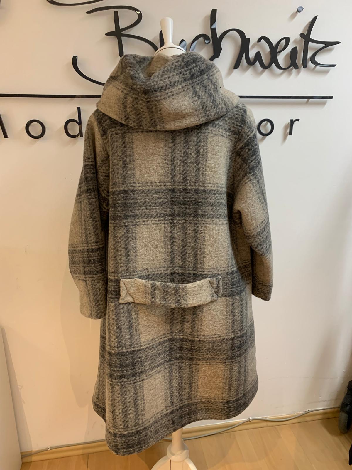 Hopsack Mantel mit großer Kapuze und Rückenriegel und großem Karomuster